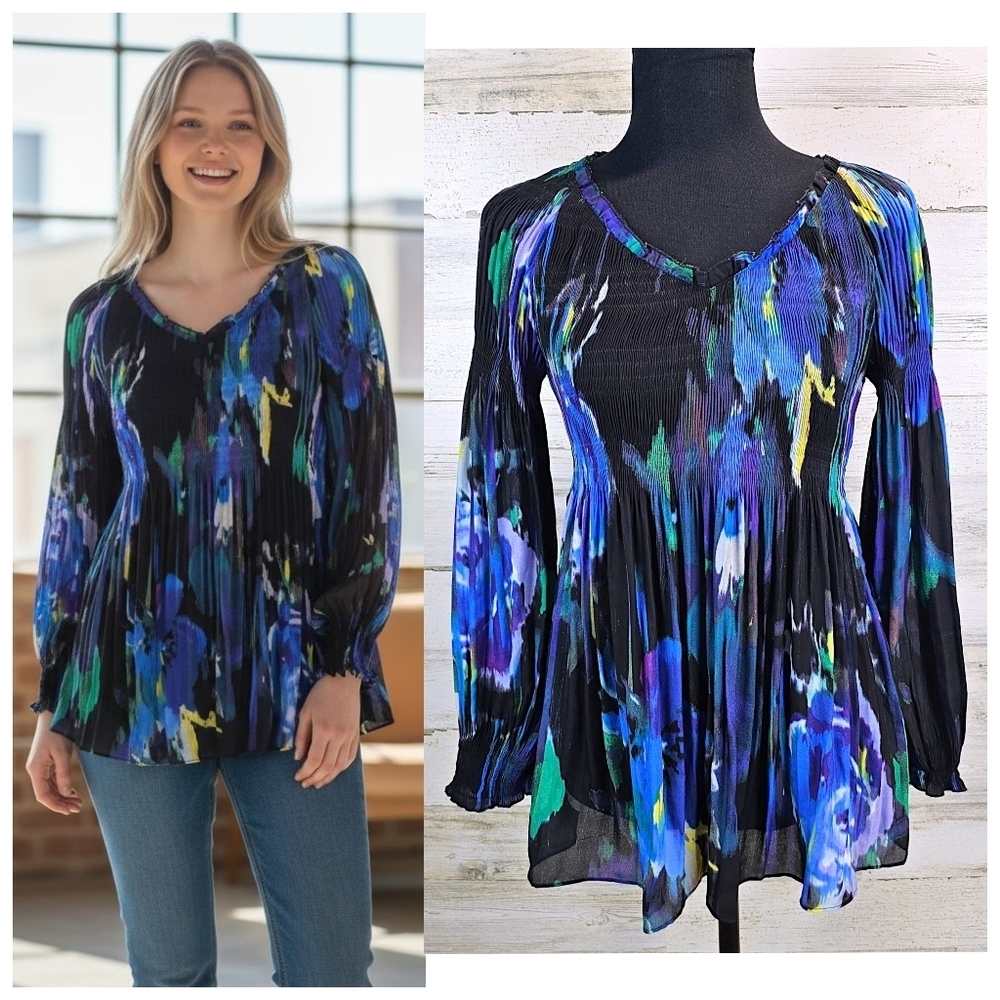 Melissa Paige Babydoll Top PM Abstract Floral Pleated Blouse Artsy Romantic